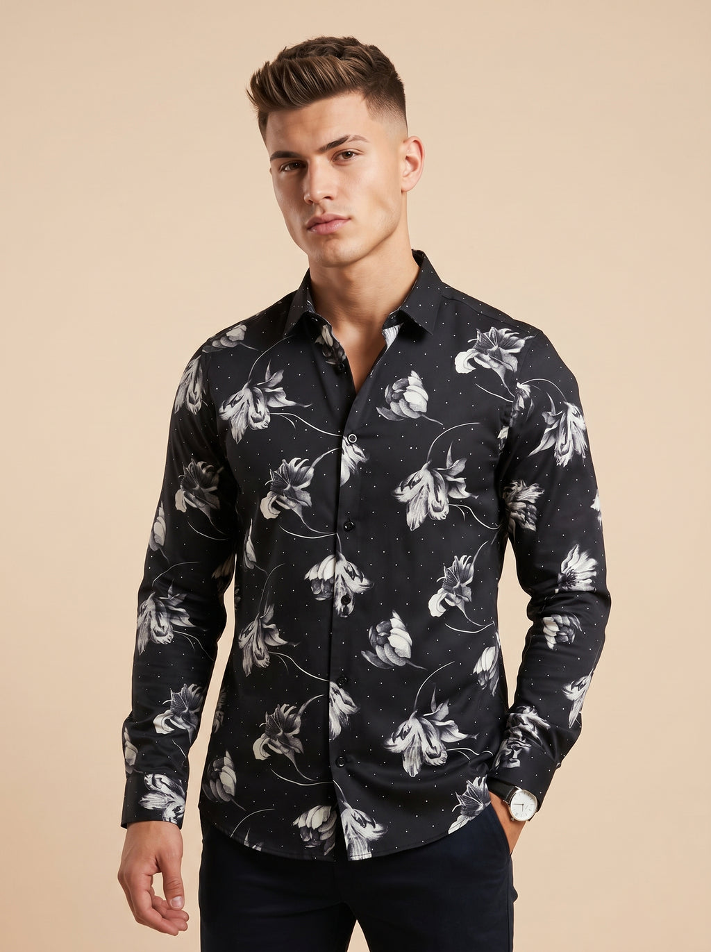 Snipes stone printed shirt featuring a stylish pattern, long sleeves, and a classic collar, ideal for casual wear.