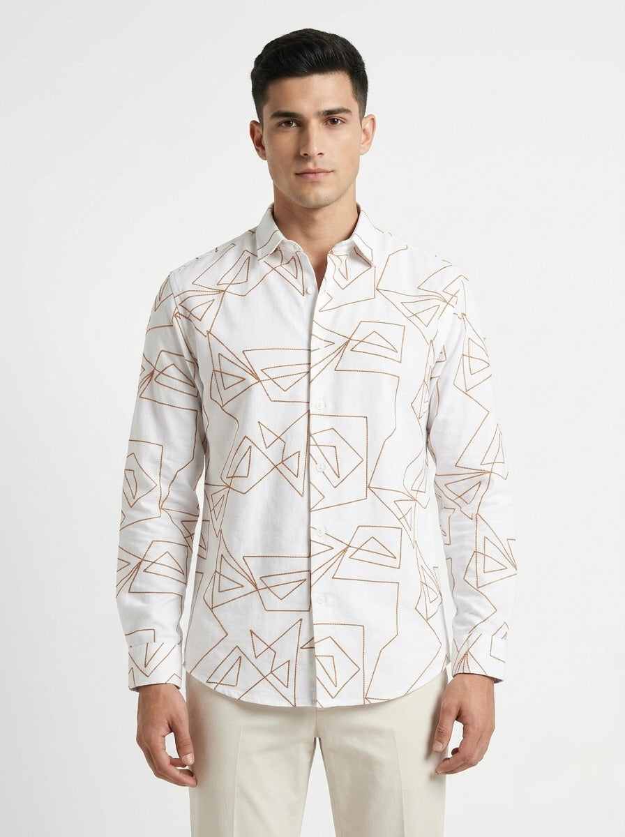 Men’s Korean Linen Geometric Embroidery Shirt