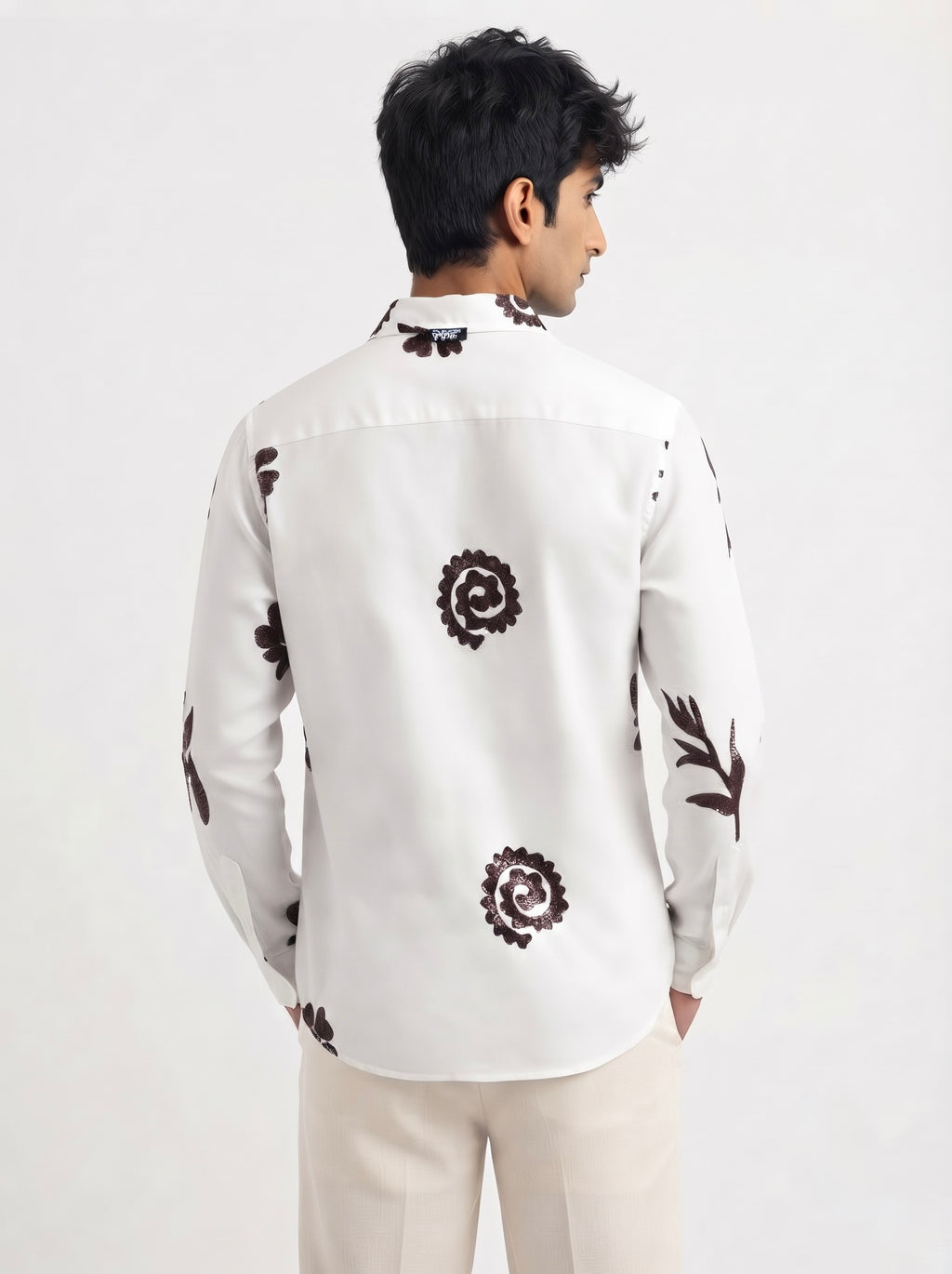 Men’s Korean Linen Floral & Leaf Embroidery Shirt