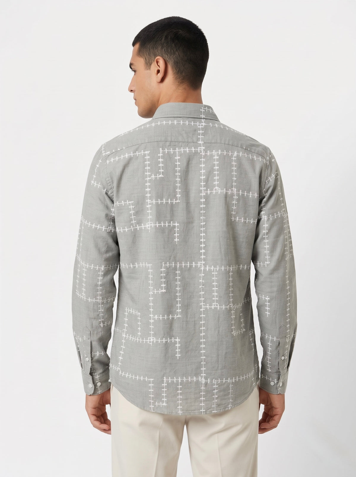 Men’s Korean Linen Grid Embroidery Shirt