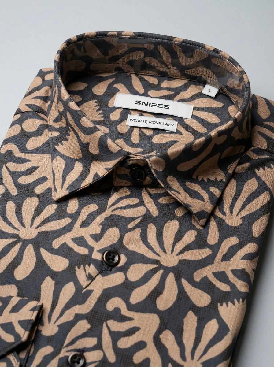 Men’s Charcoal Grey Satin Printed Botanical Shirt