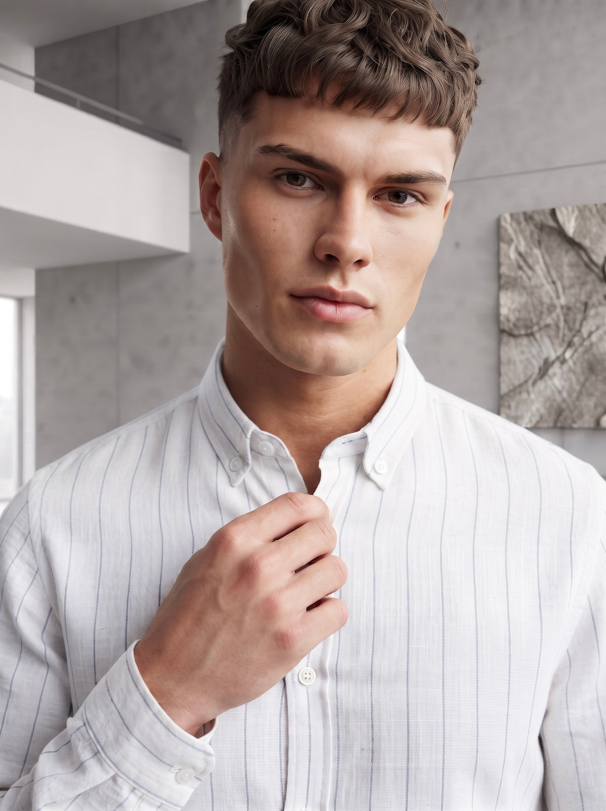 Snipes linen striped shirt showing a casual button-up shirt with blue and white vertical stripes and a collar.