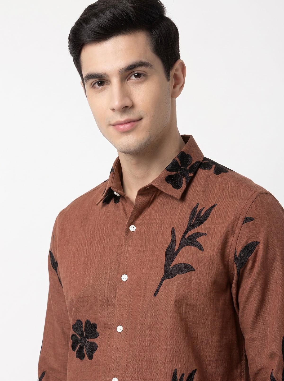 Men’s Korean Linen Floral & Leaf Embroidery Shirt