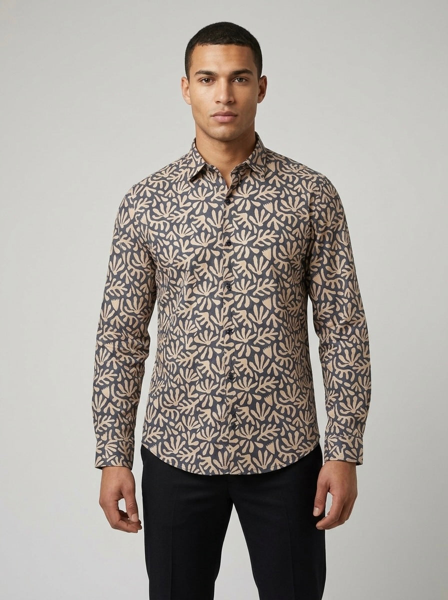 Men’s Charcoal Grey Satin Printed Botanical Shirt