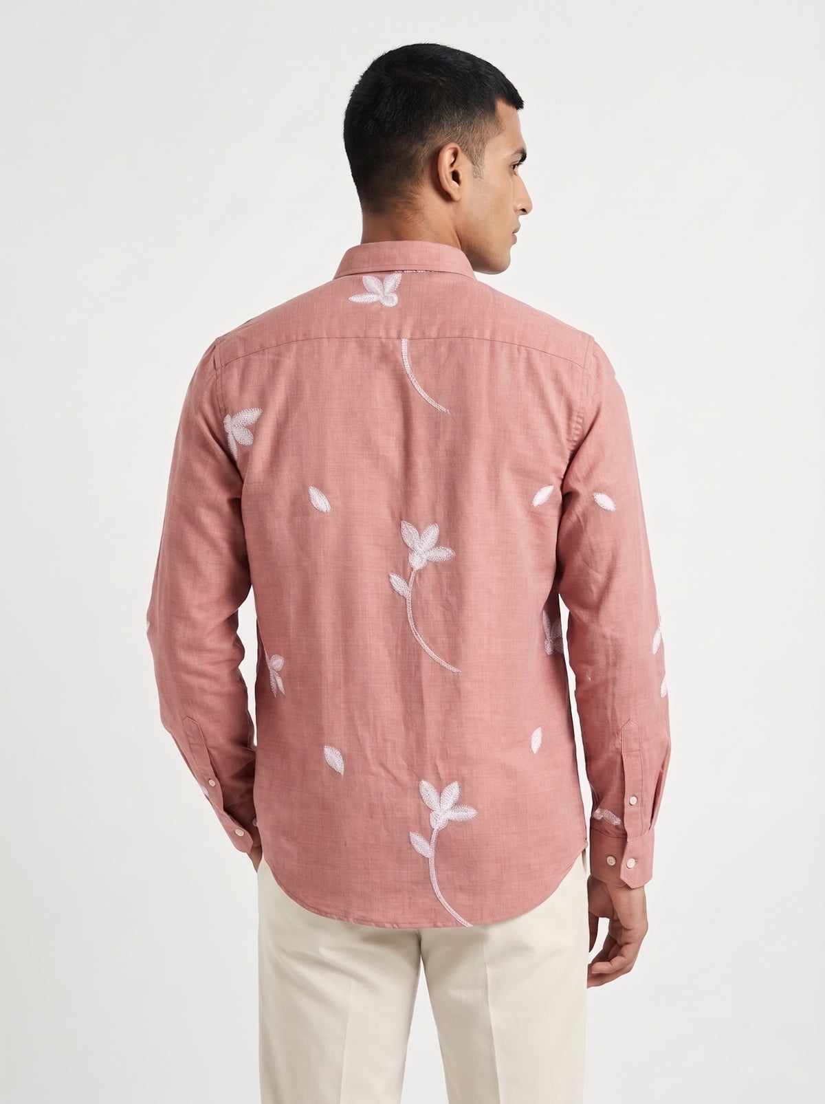Men’s Korean Linen Floral Stem Embroidery Shirt