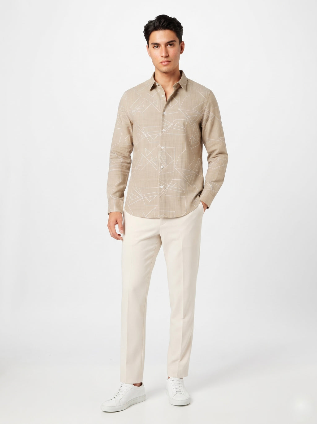 Men’s Korean Linen Geometric Embroidery Shirt
