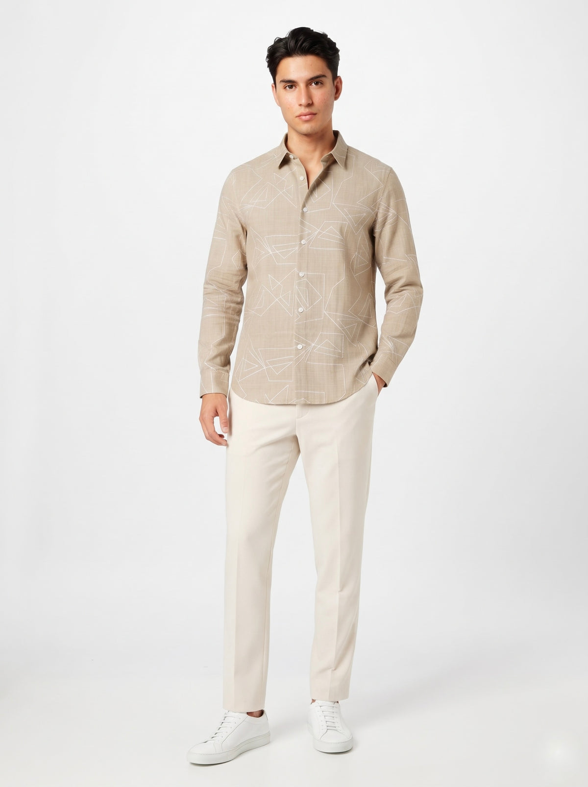 Men’s Korean Linen Geometric Embroidery Shirt