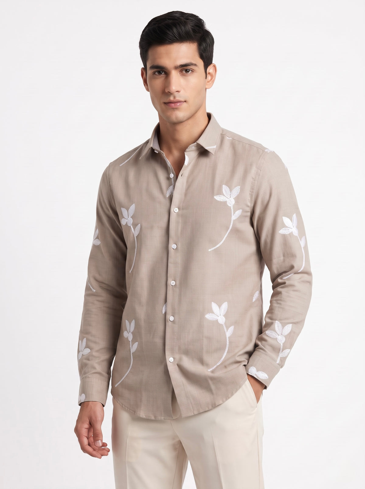 Men’s Korean Linen Floral Stem Embroidery Shirt