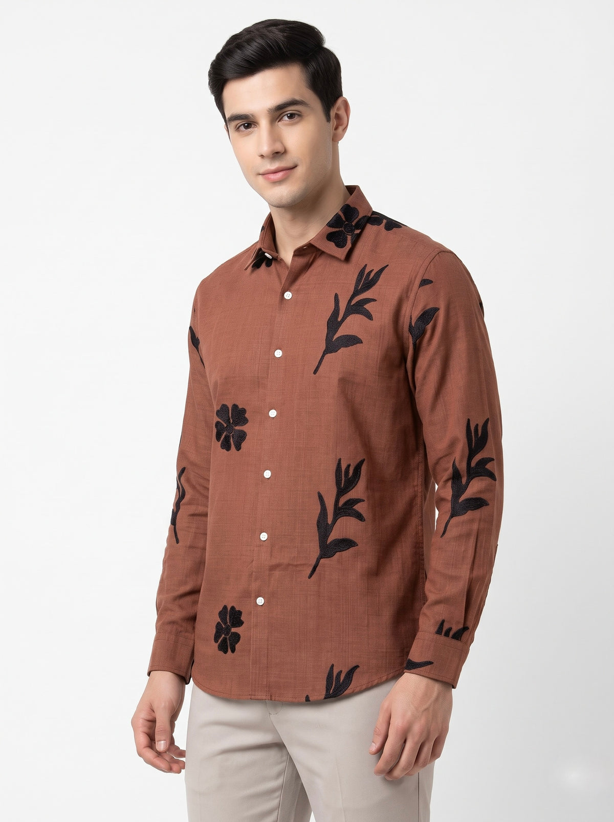 Men’s Korean Linen Floral & Leaf Embroidery Shirt