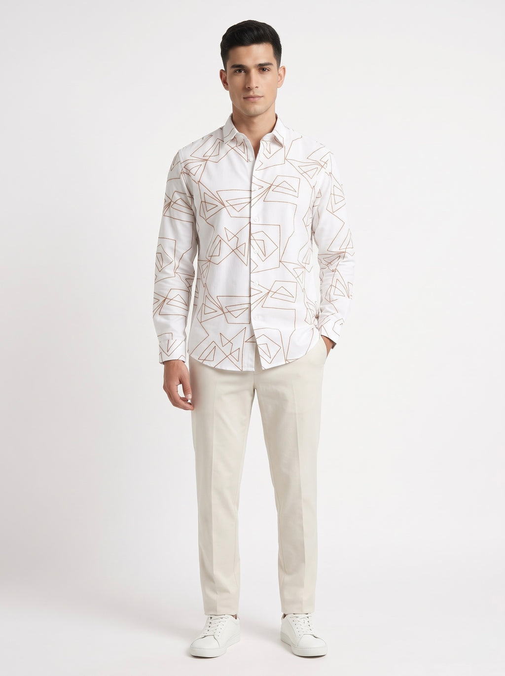 Men’s Korean Linen Geometric Embroidery Shirt