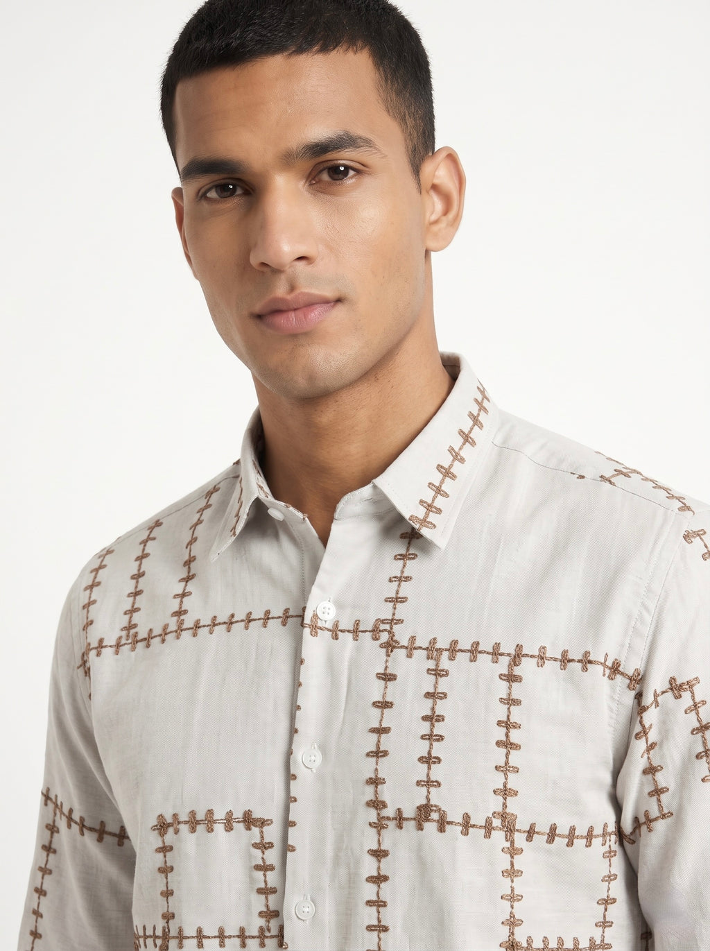 Men’s Korean Linen Grid Embroidery Shirt