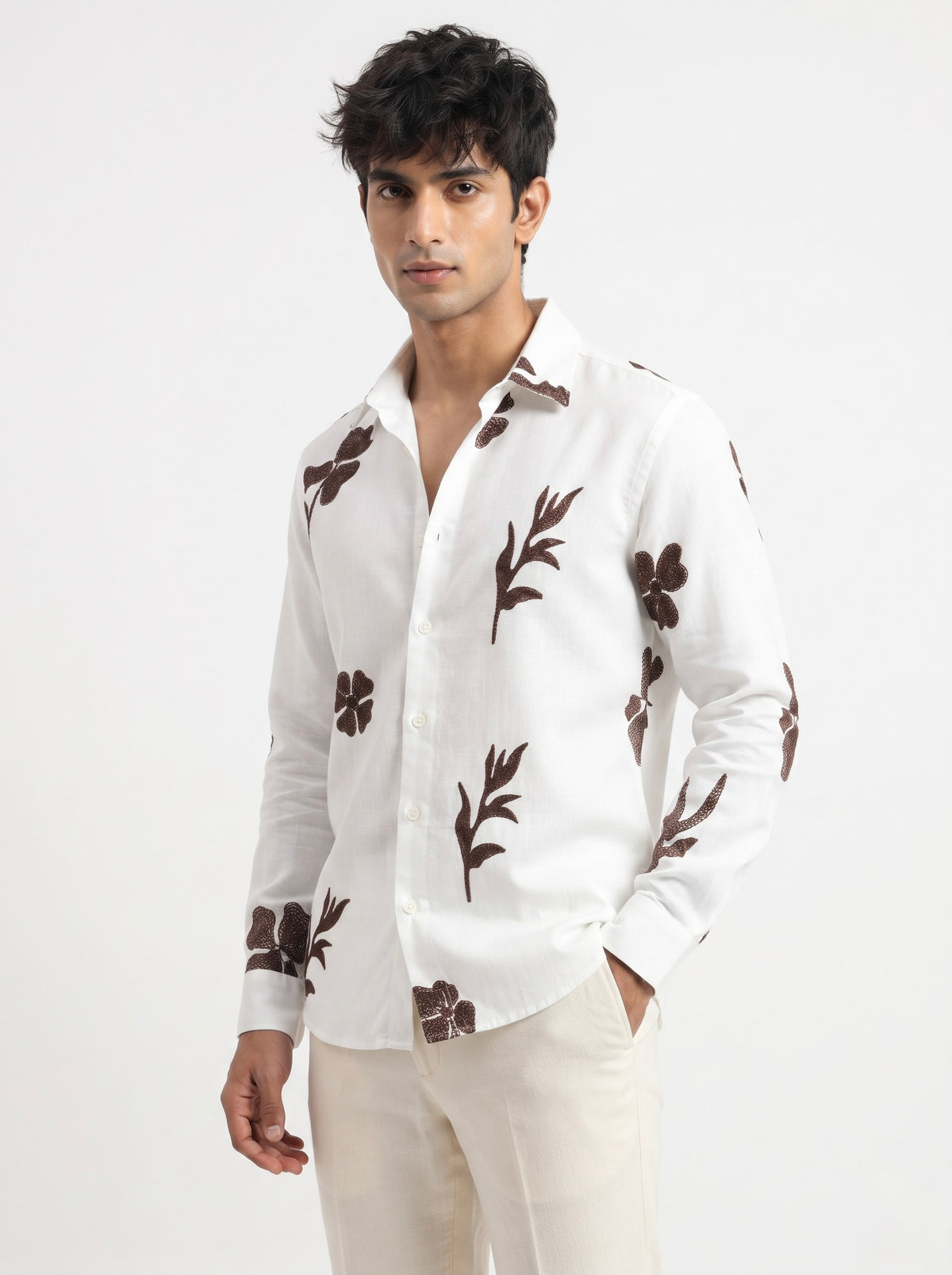 Men’s Korean Linen Floral & Leaf Embroidery Shirt