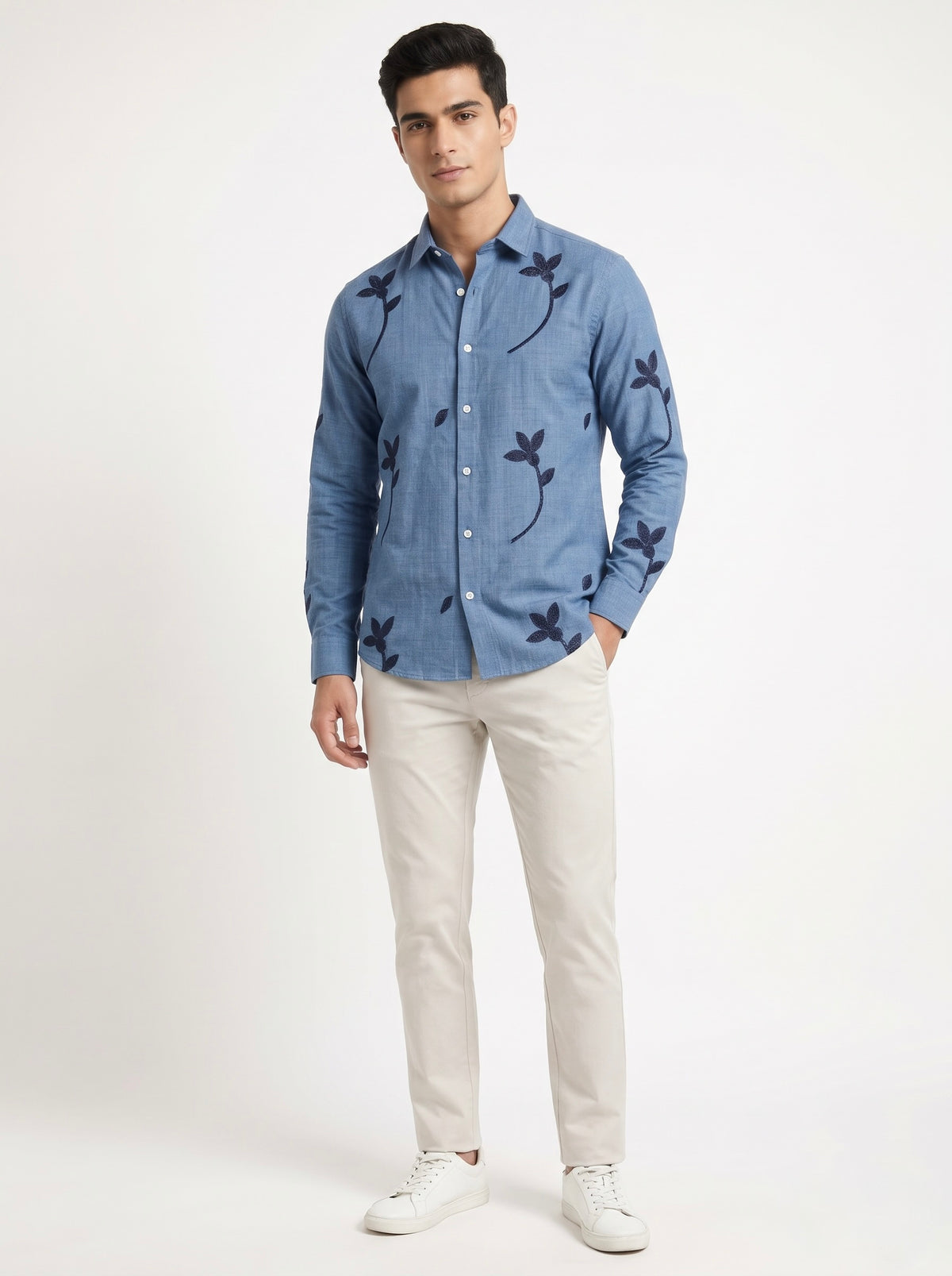 Men’s Korean Linen Floral Stem Embroidery Shirt