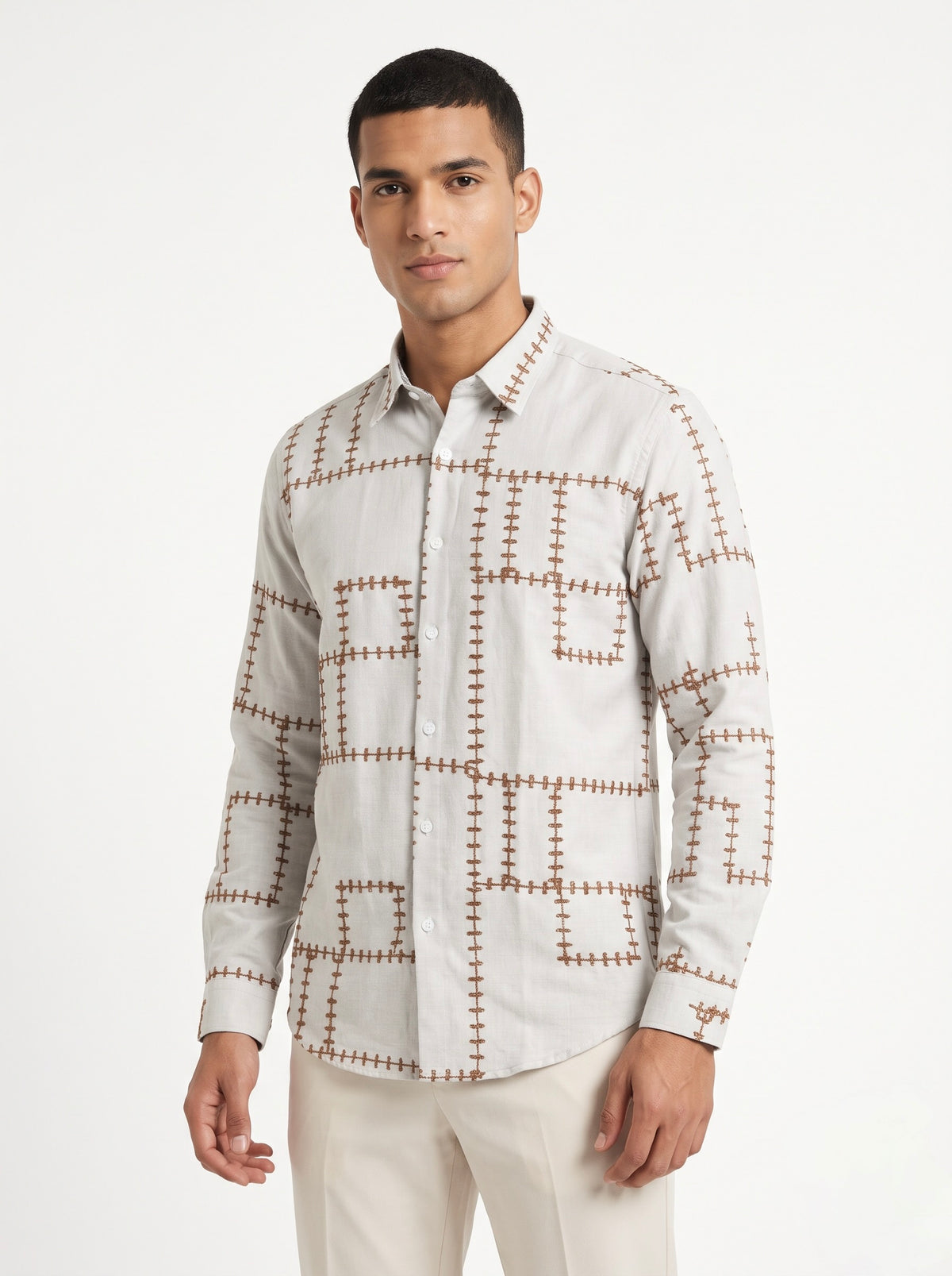 Men’s Korean Linen Grid Embroidery Shirt