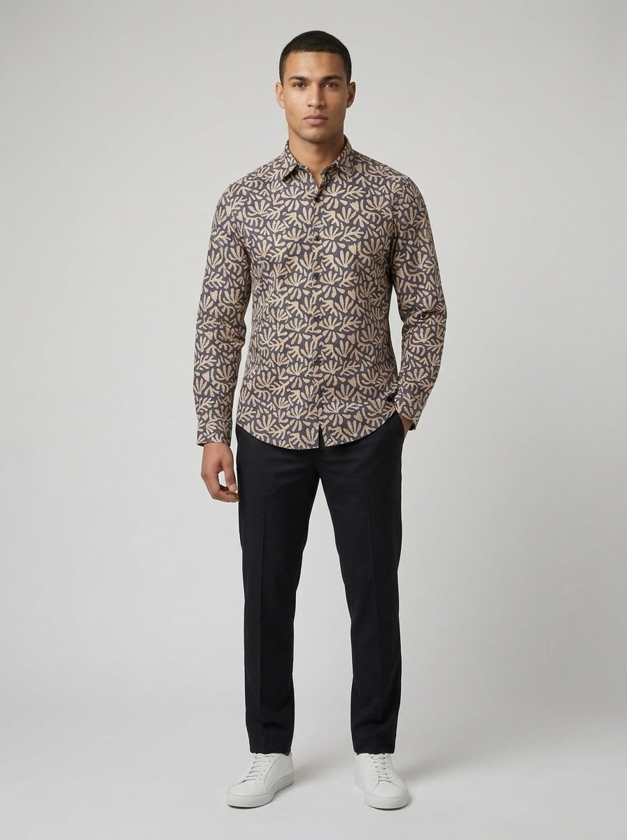 Men’s Charcoal Grey Satin Printed Botanical Shirt