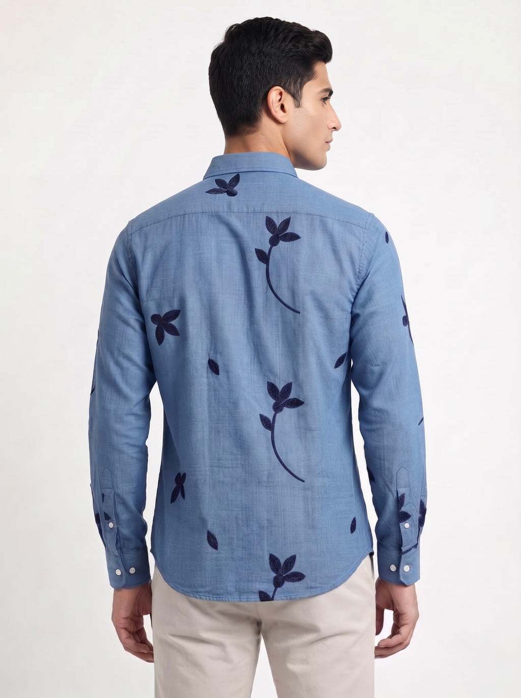 Men’s Korean Linen Floral Stem Embroidery Shirt