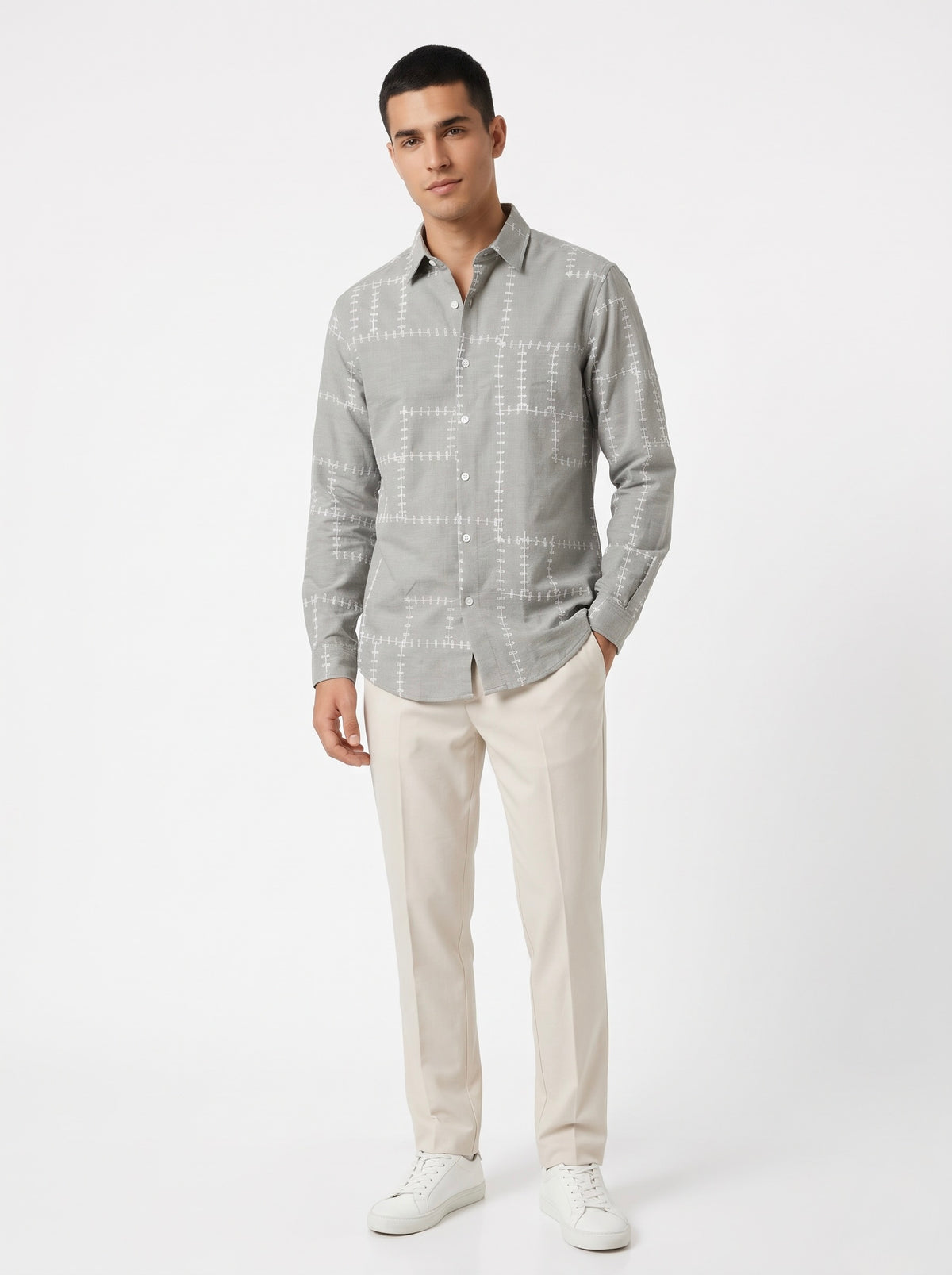 Men’s Korean Linen Grid Embroidery Shirt