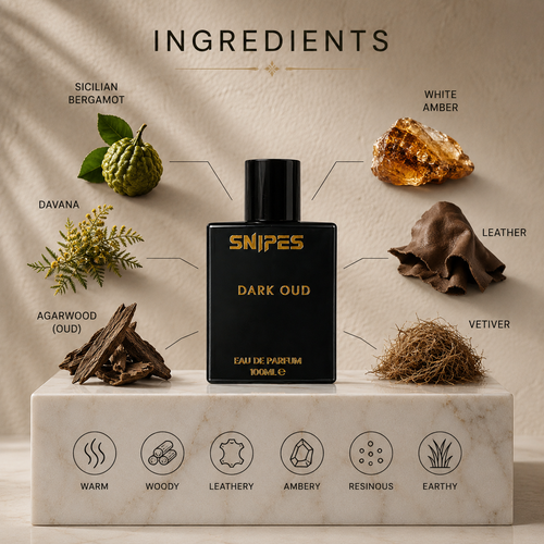 Snipes Dark Oud EDP perfume bottle, 100ml, with elegant black packaging and a sleek design.