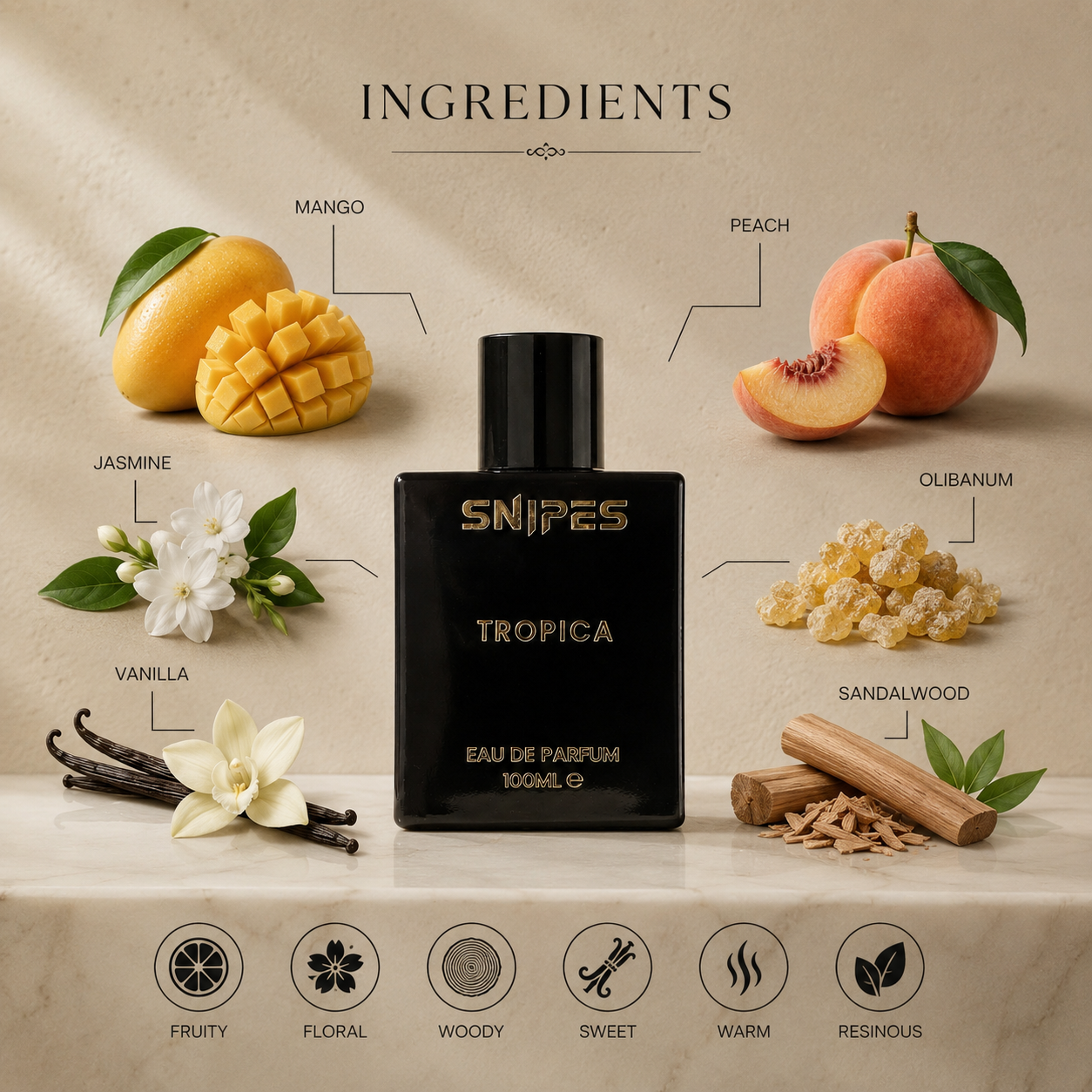 Snipes TROPICA EDP perfume bottle, 100ml, with a sleek design and tropical-themed label, displayed on a neutral background.