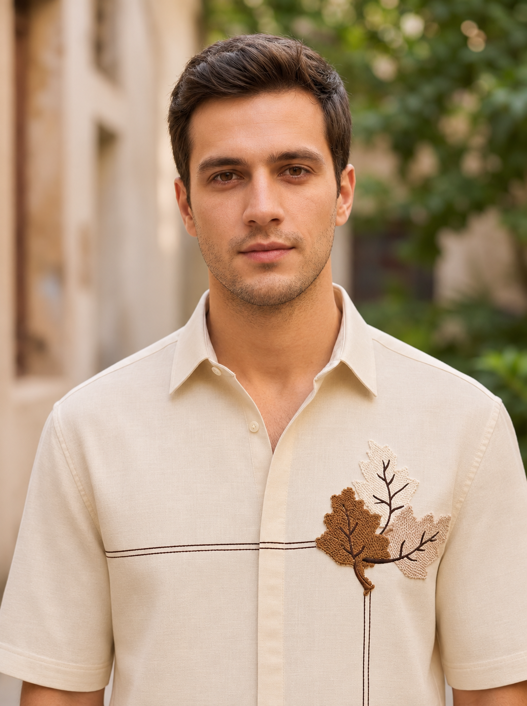Snipes men's boxy fit embroidered linen shirt in a crisp portrait view