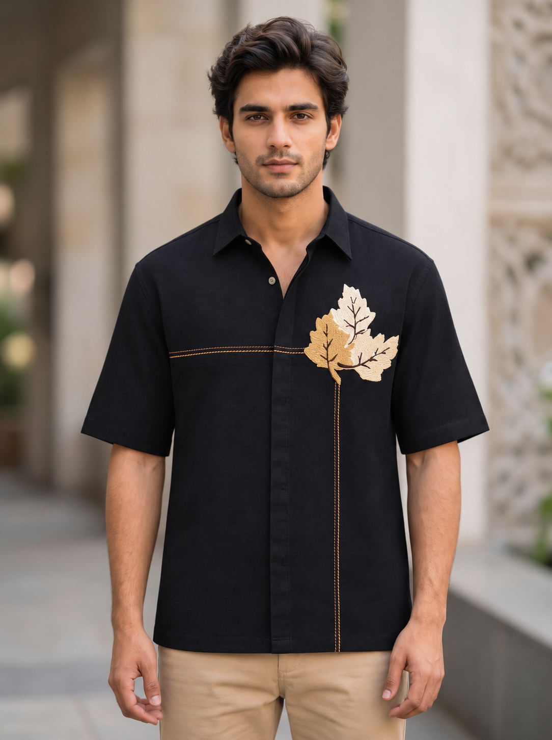 Snipes men's boxy fit black embroidered shirt front view