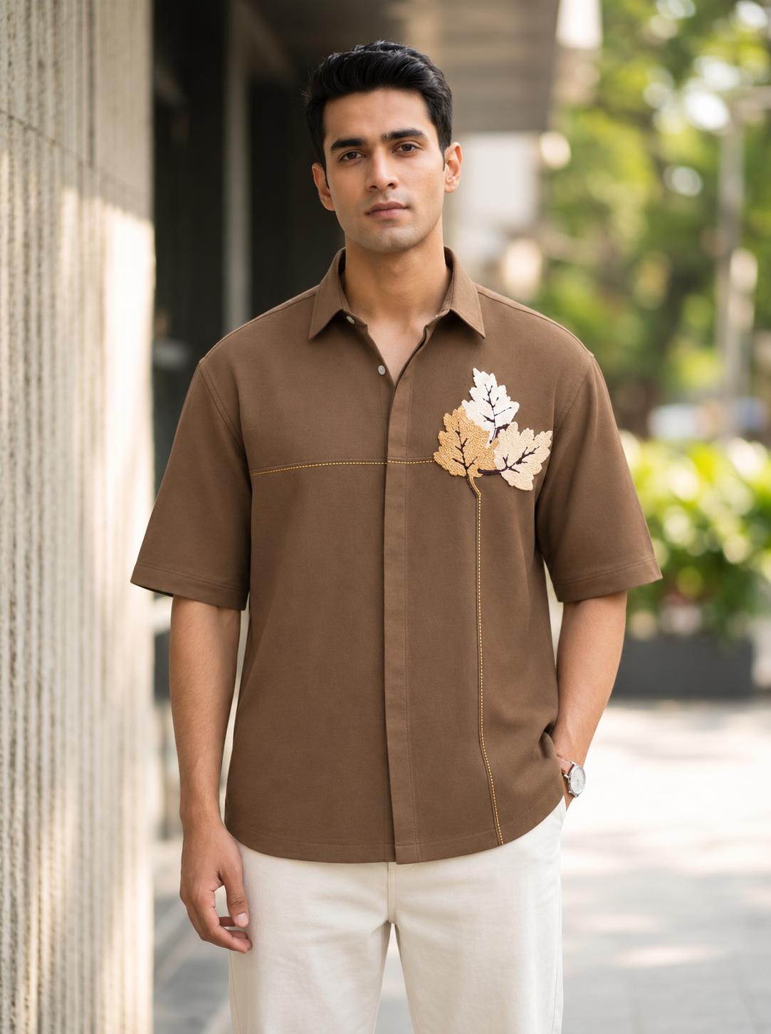 Snipes men's boxy fit brown shirt with embroidered designરના