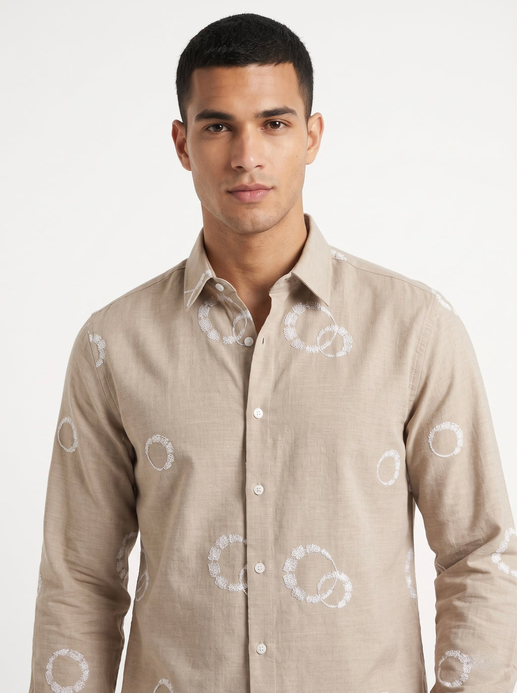 Men’s Korean Linen Circular Pattern Embroidery Shirt