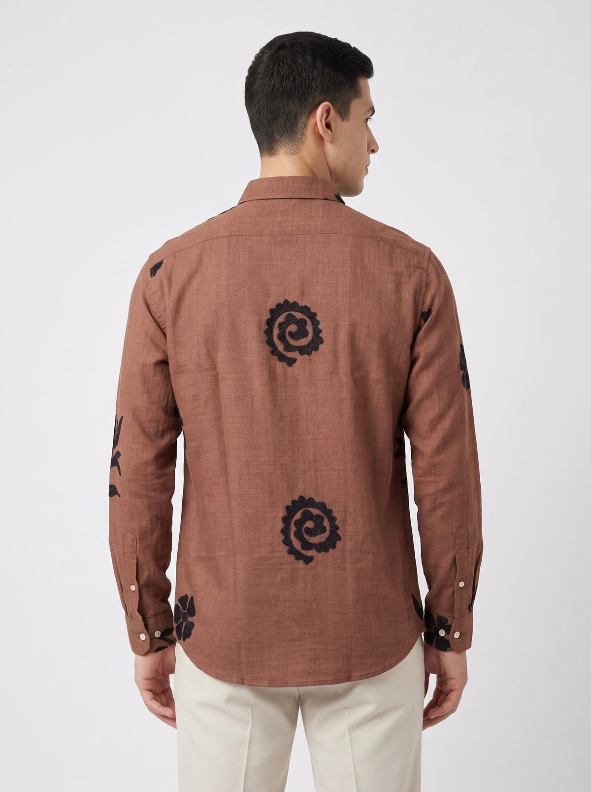 Men’s Korean Linen Floral & Leaf Embroidery Shirt