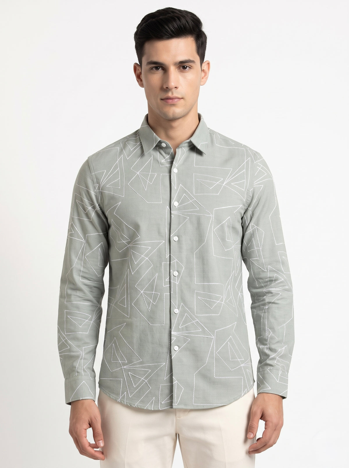 Men’s Korean Linen Geometric Embroidery Shirt