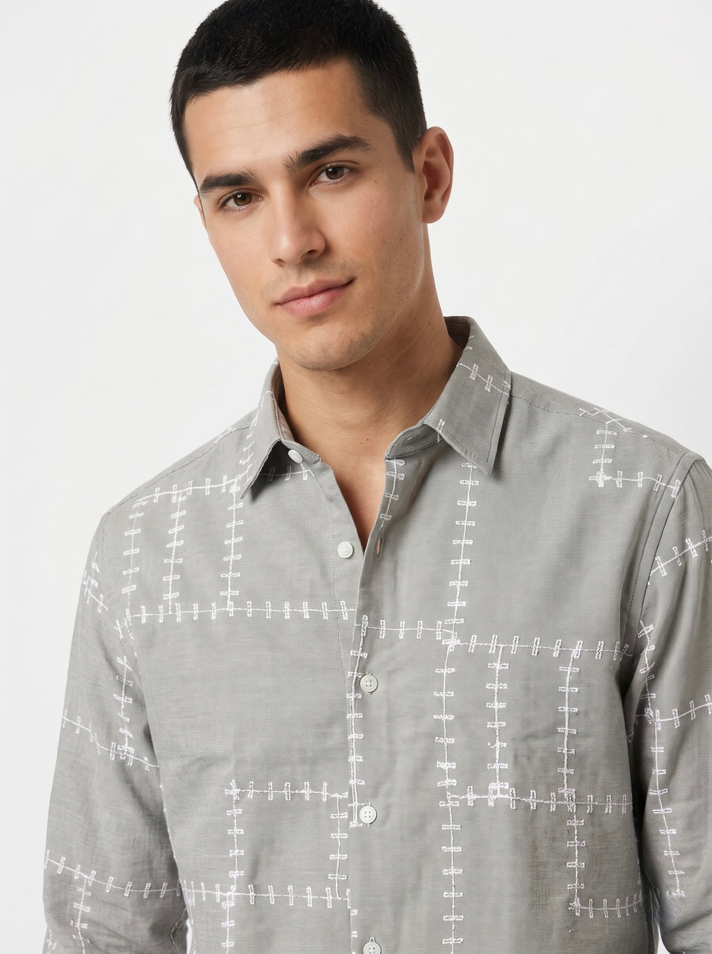 Men’s Korean Linen Grid Embroidery Shirt