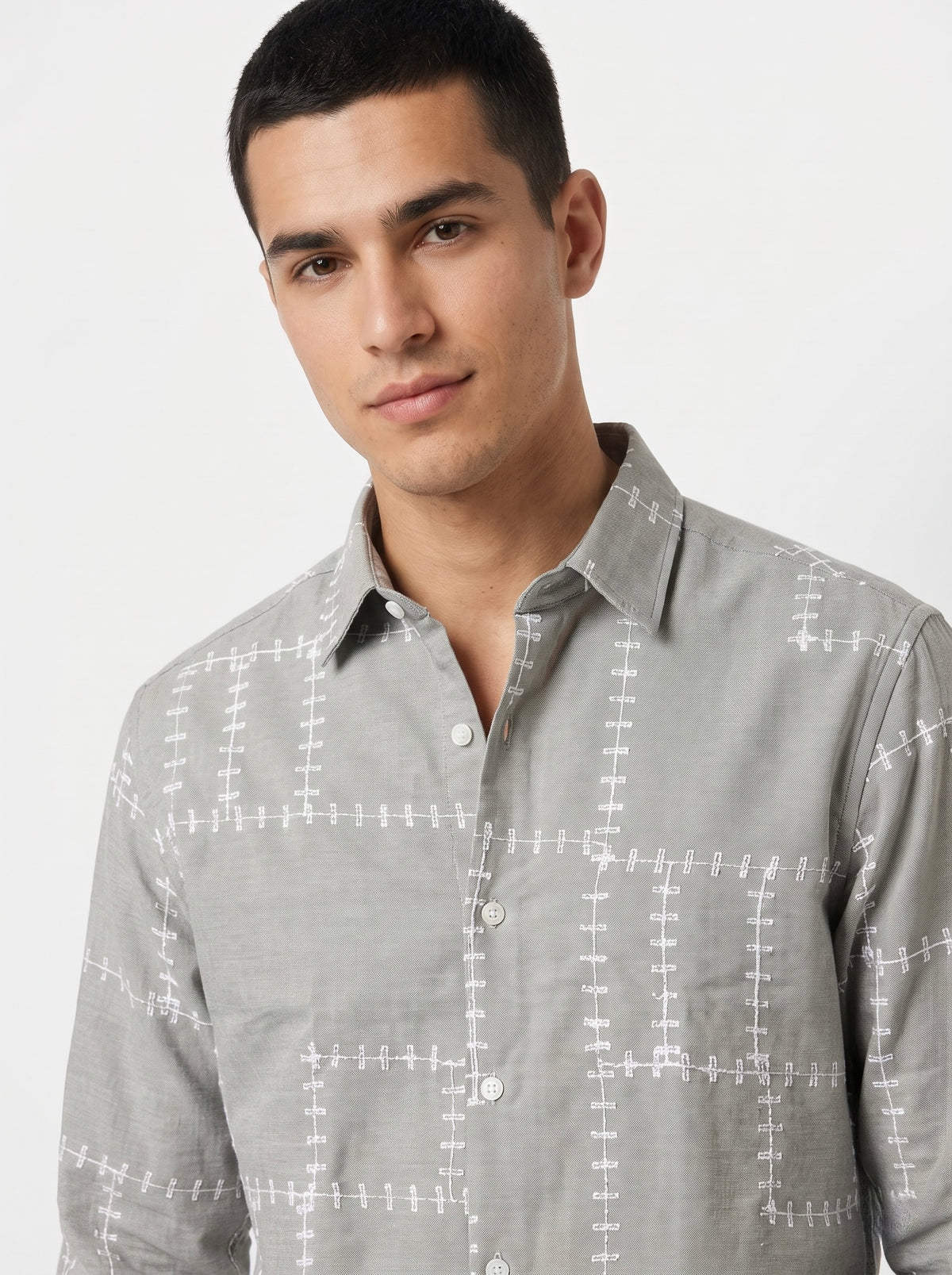 Men’s Korean Linen Grid Embroidery Shirt