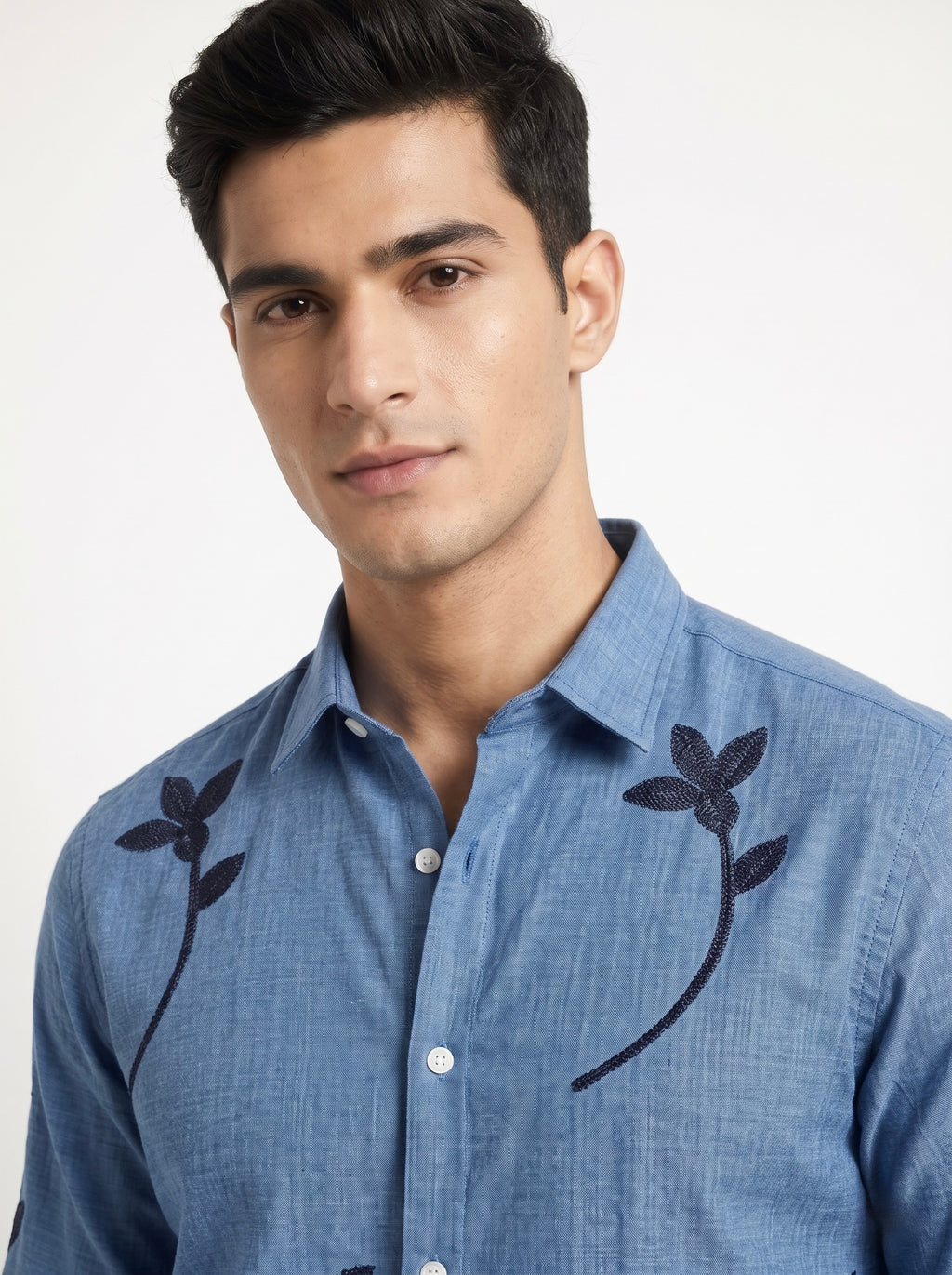 Men’s Korean Linen Floral Stem Embroidery Shirt