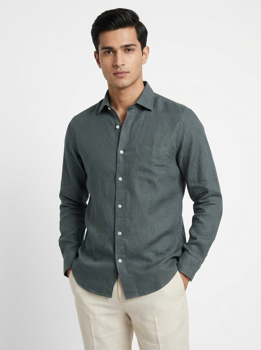 Men’s pure linen full sleeve casual shirt by Snipes, shown in light, breathable fabric with a classic collar and button front.