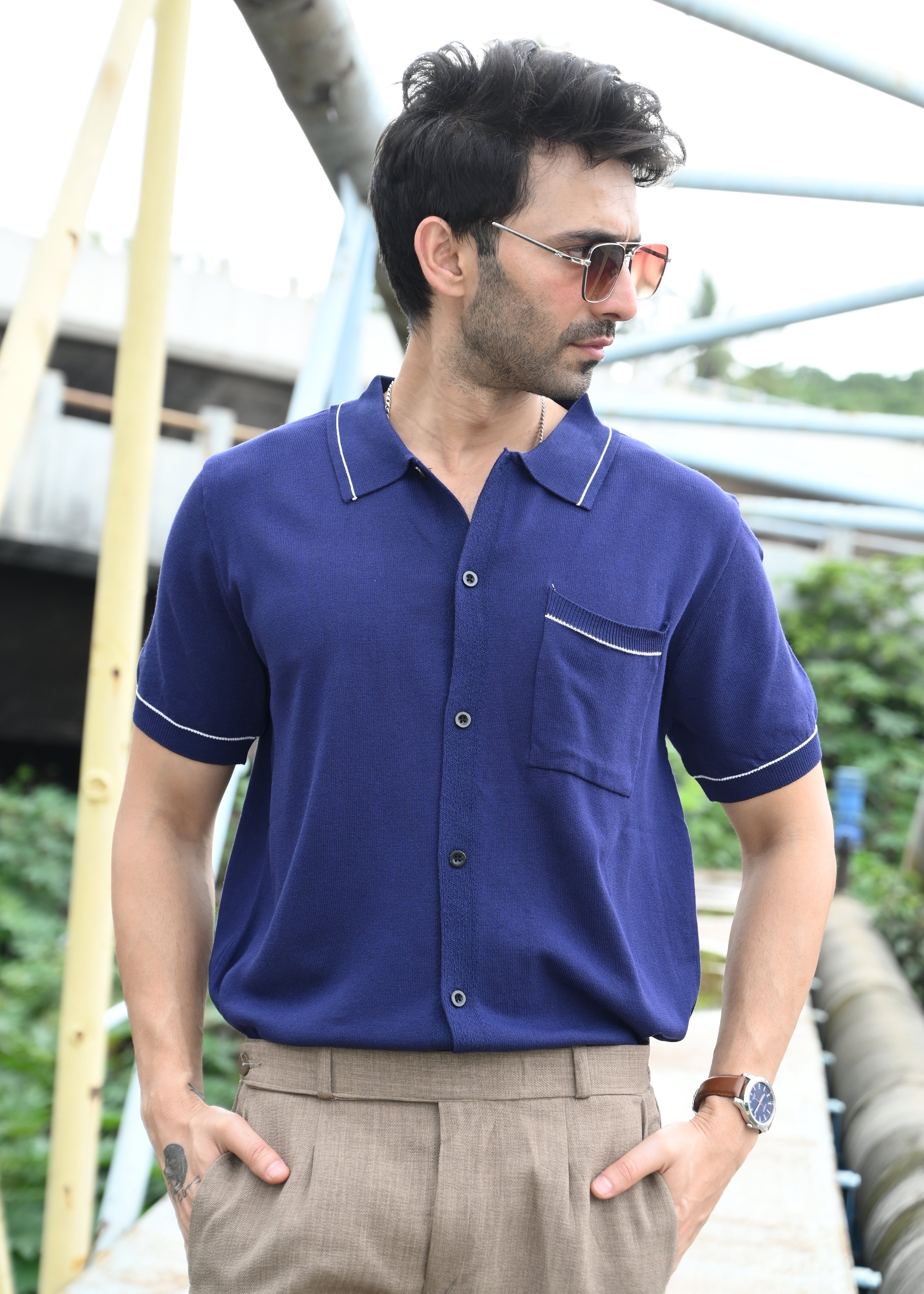 Navy Blue Contrast Stitch Button-Up Shirt - Snipes
