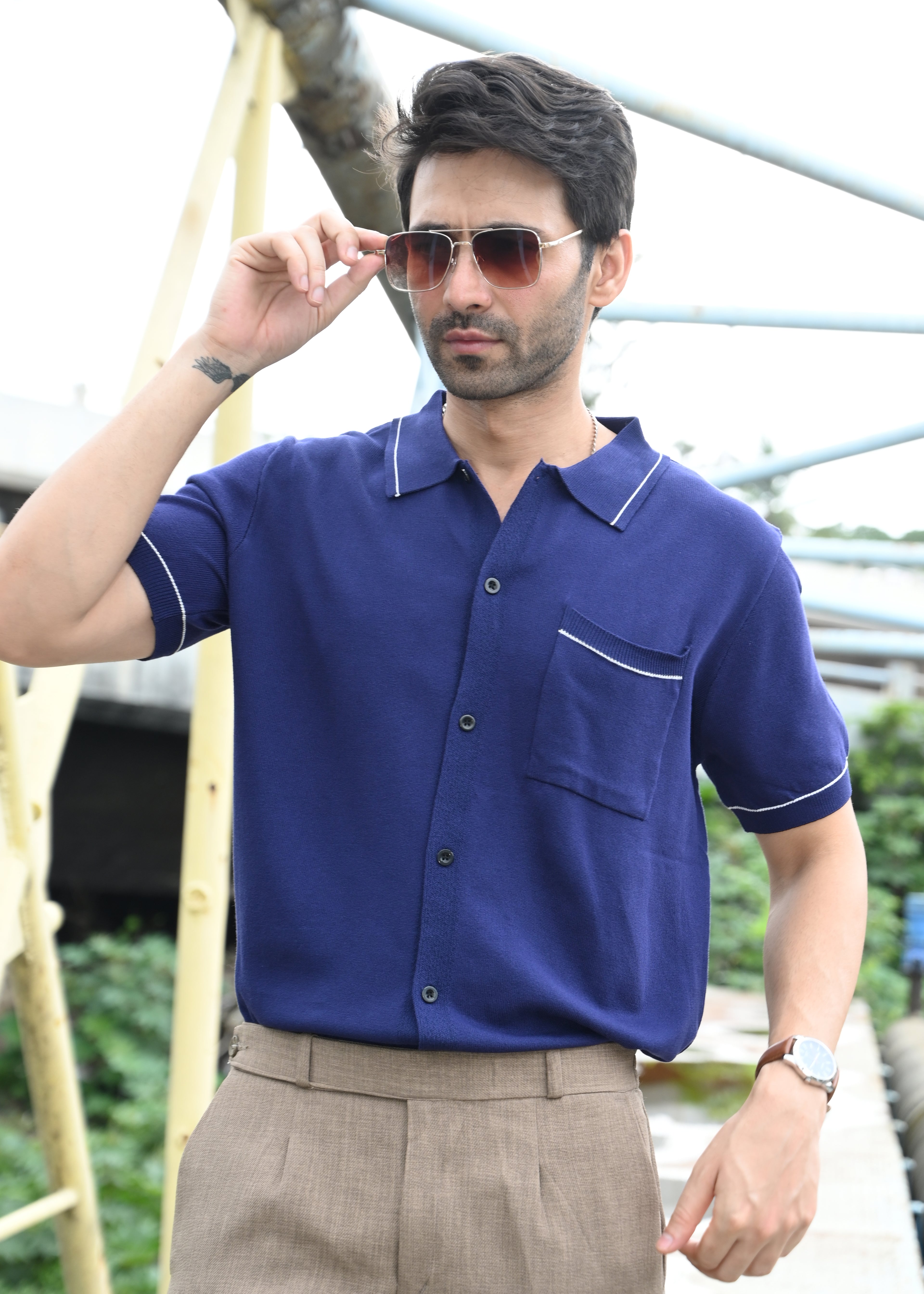 Navy Blue Contrast Stitch Button-Up Shirt - Snipes