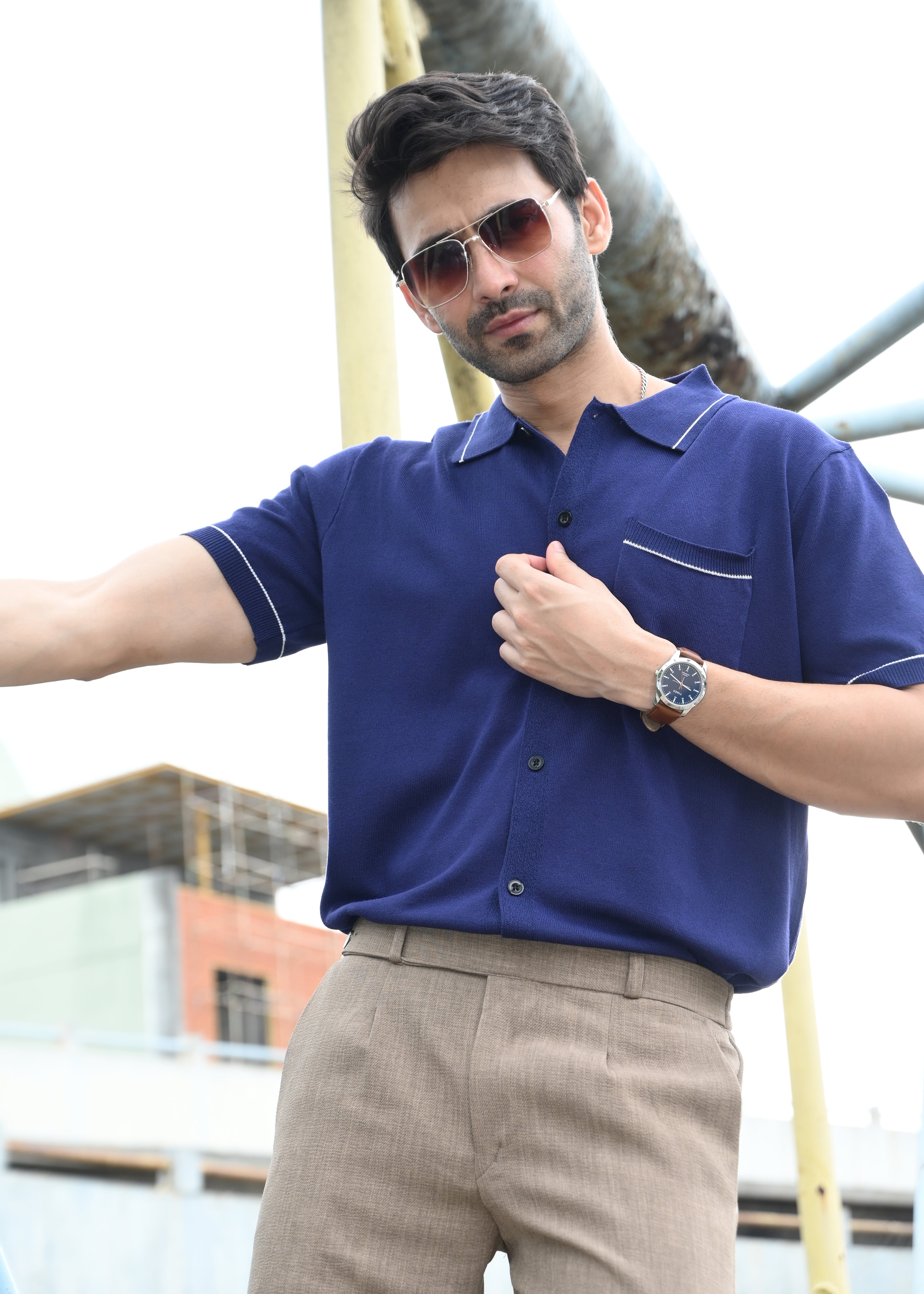 Navy Blue Contrast Stitch Button-Up Shirt - Snipes