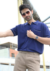 Navy Blue Contrast Stitch Button-Up Shirt