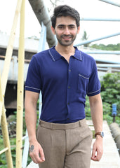 Navy Blue Contrast Stitch Button-Up Shirt