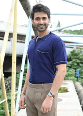 Navy Blue Contrast Stitch Button-Up Shirt