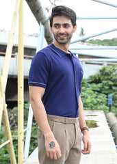 Navy Blue Contrast Stitch Button-Up Shirt