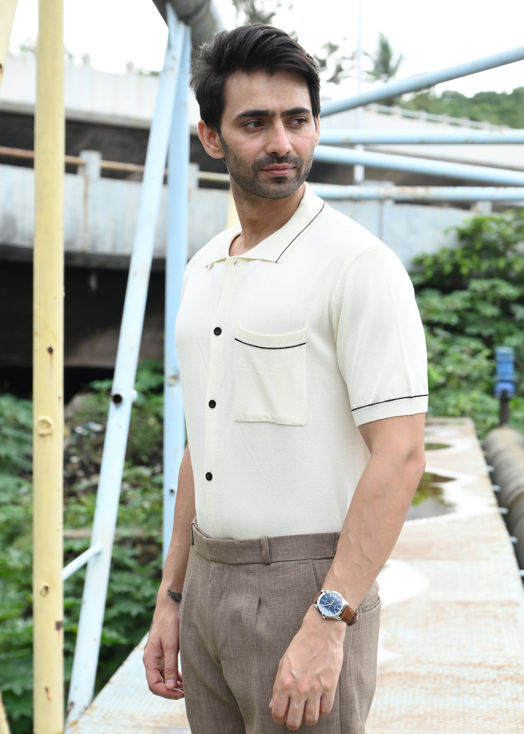 Beige Contrast Stitch Button-Up Shirt - Snipes