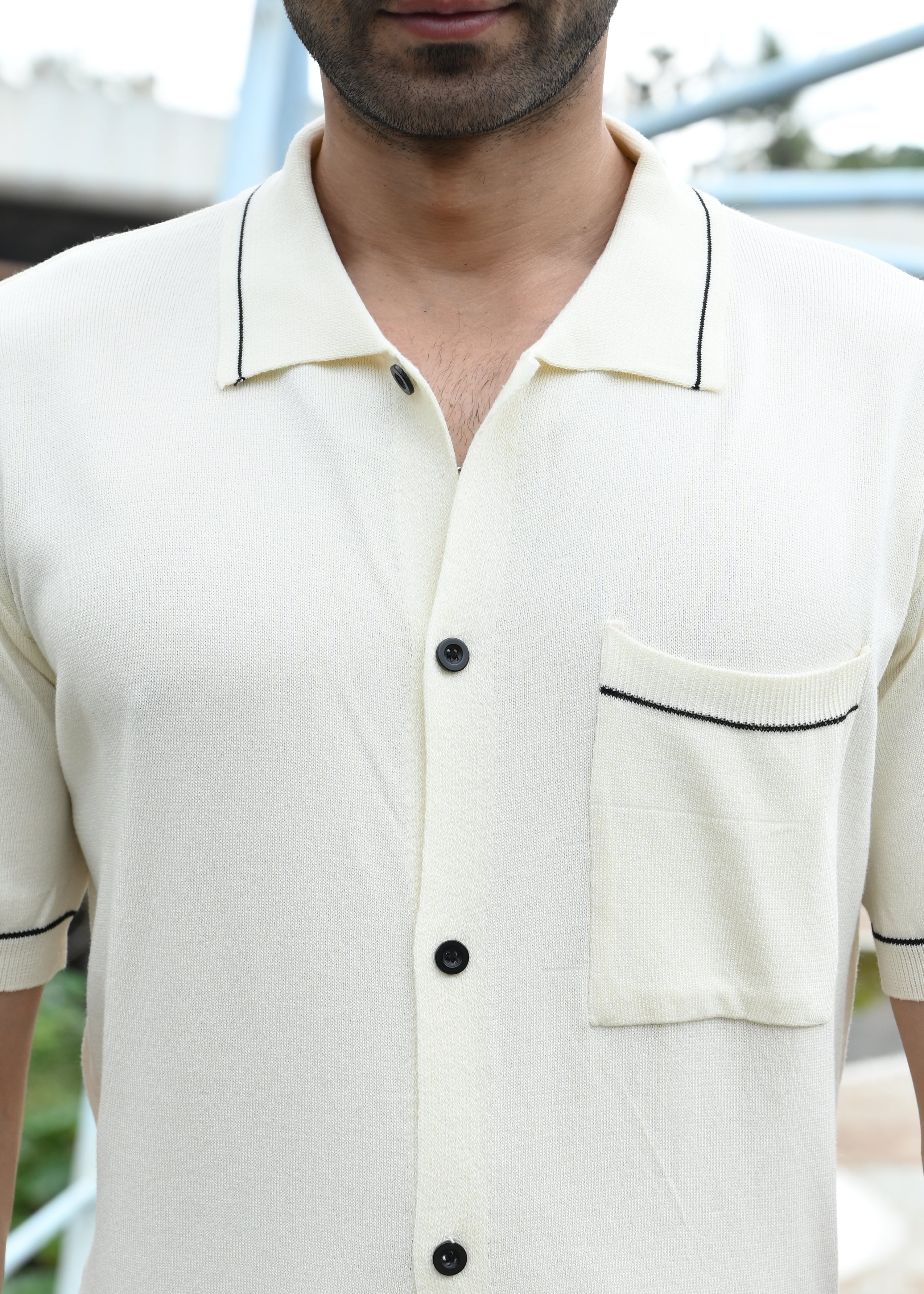 Beige Contrast Stitch Button-Up Shirt - Snipes