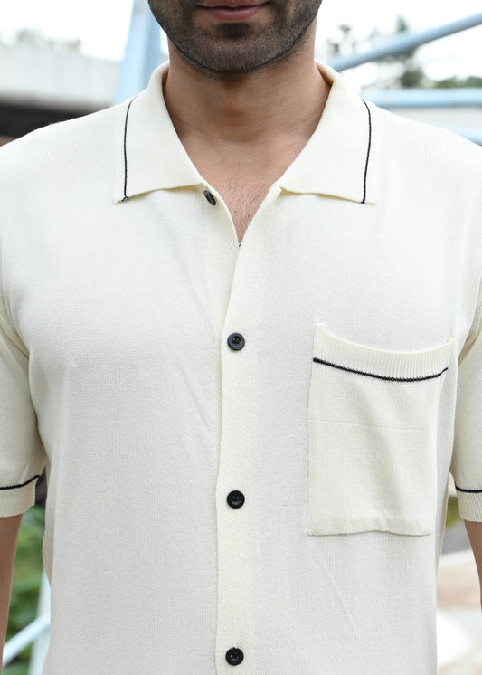 Beige Contrast Stitch Button-Up Shirt