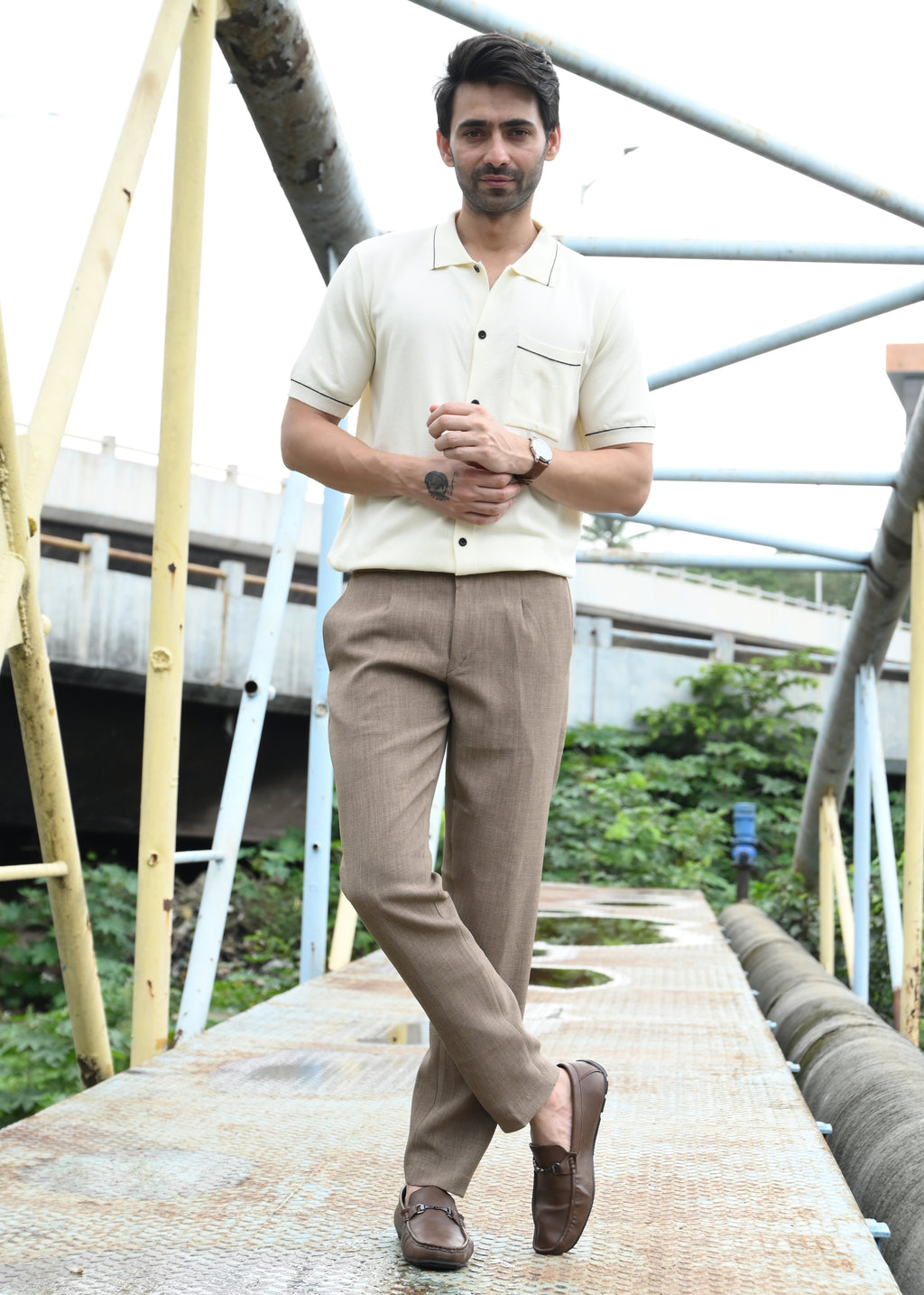 Beige Contrast Stitch Button-Up Shirt - Snipes