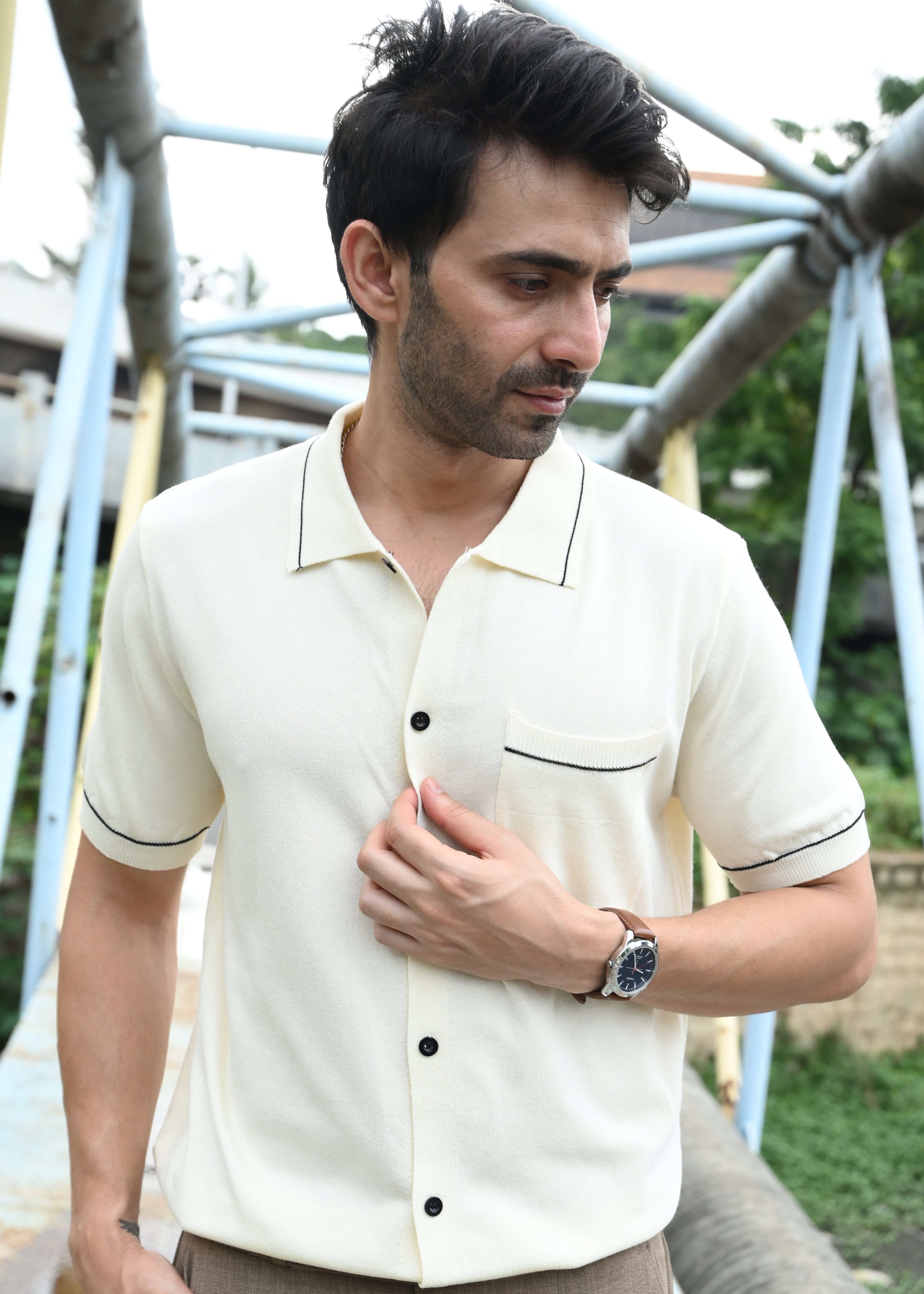 Beige Contrast Stitch Button-Up Shirt - Snipes