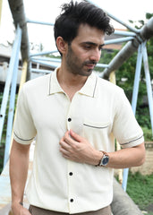 Beige Contrast Stitch Button-Up Shirt