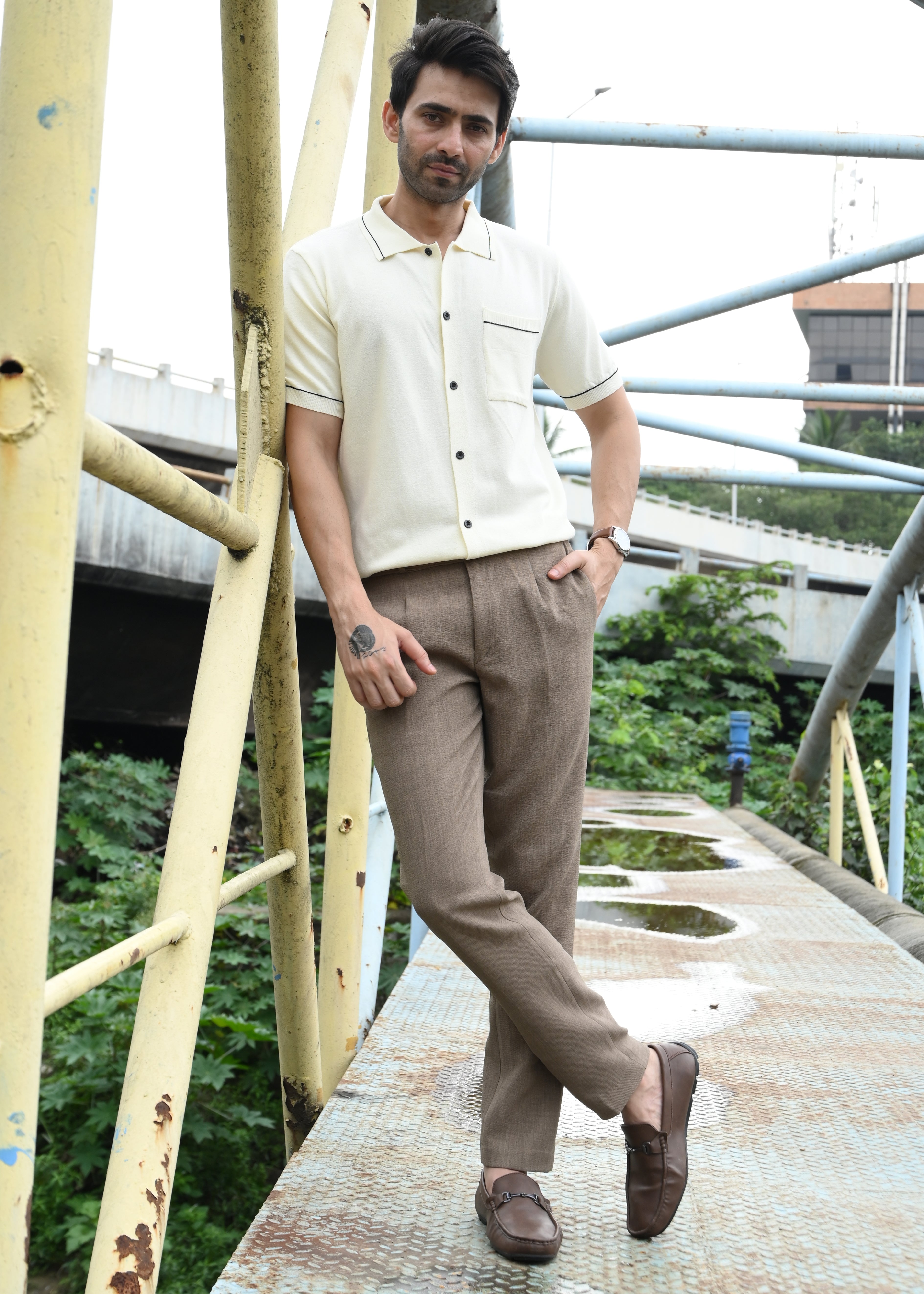 Beige Contrast Stitch Button-Up Shirt - Snipes