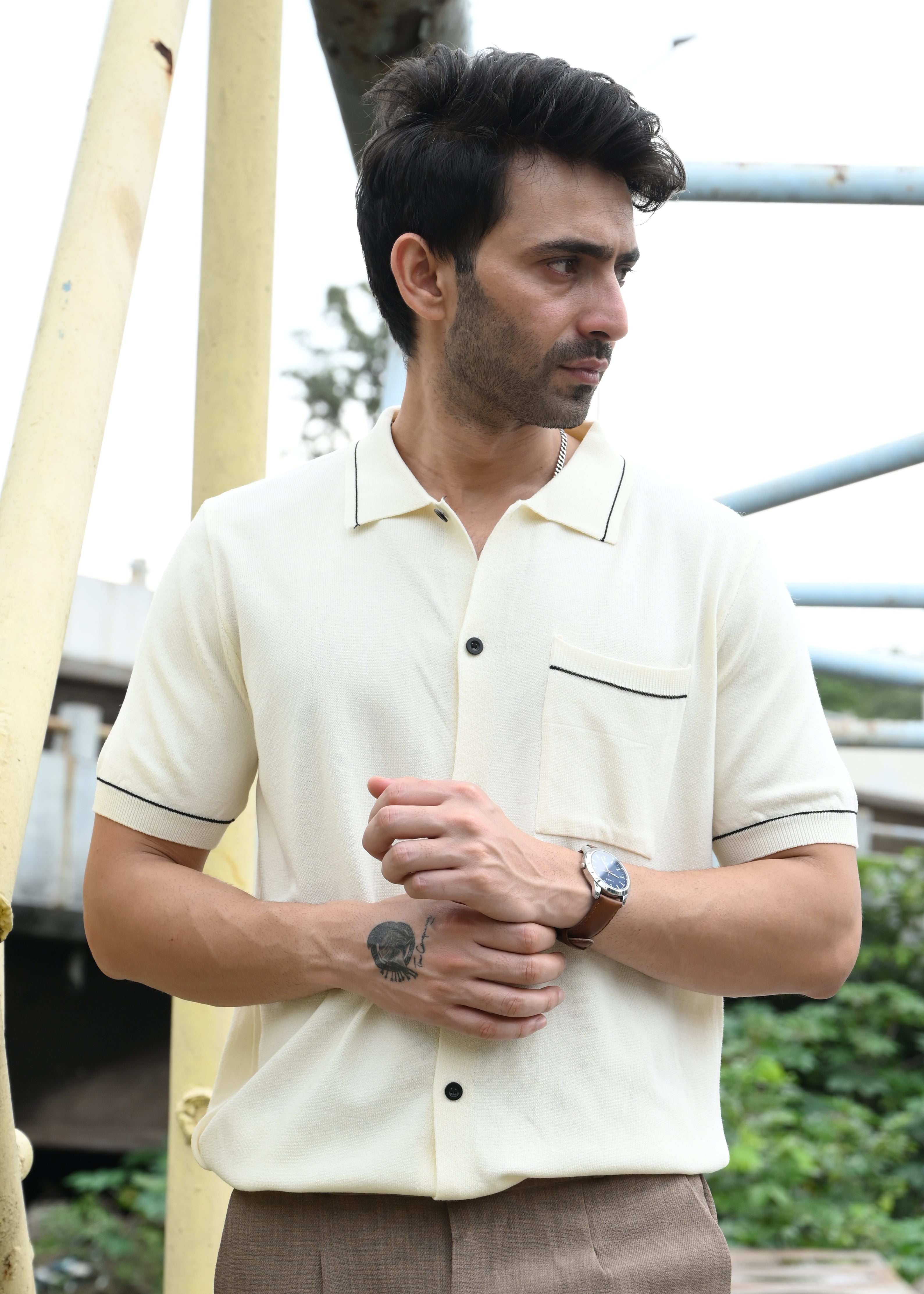 Beige Contrast Stitch Button-Up Shirt - Snipes