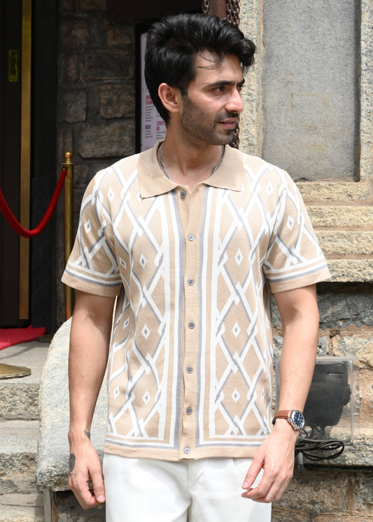 Geometric Knit Button-Down Shirt - Sandal