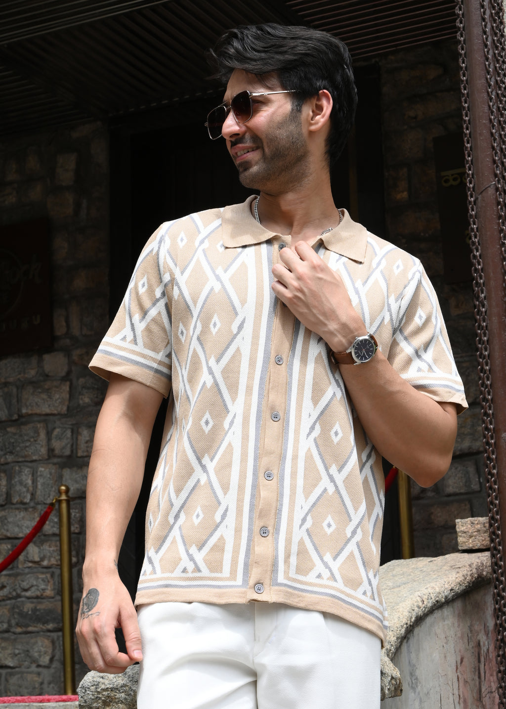 Geometric Knit Button-Down Shirt - Sandal - Snipes